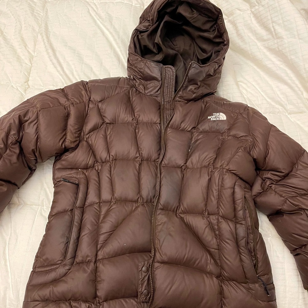 Brown north face puffer jacket